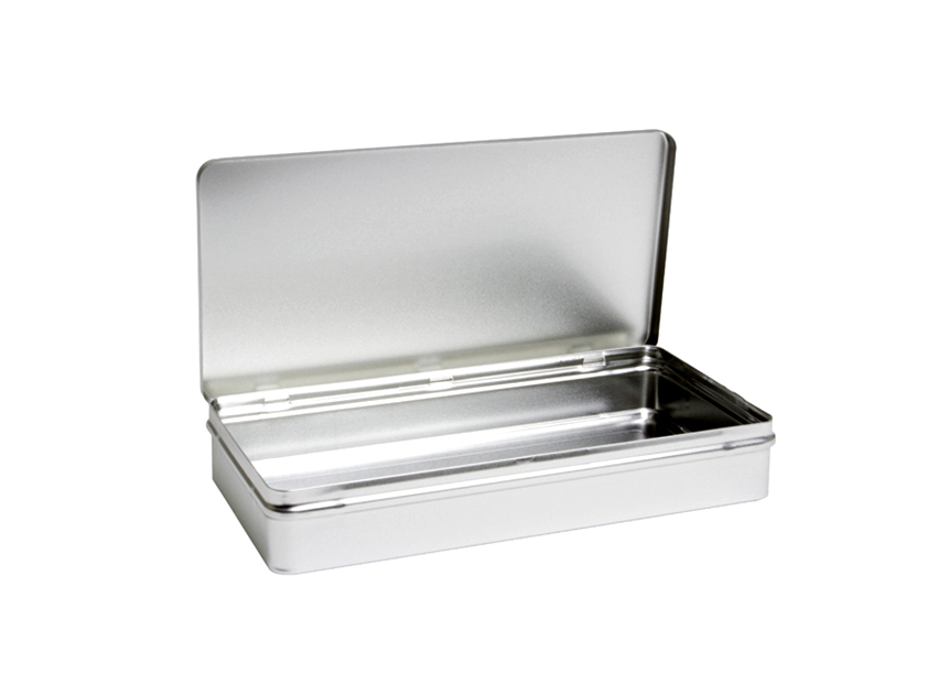 214 x 107 x 35.5 mm rectangular tin silver with hinge and sharp lid