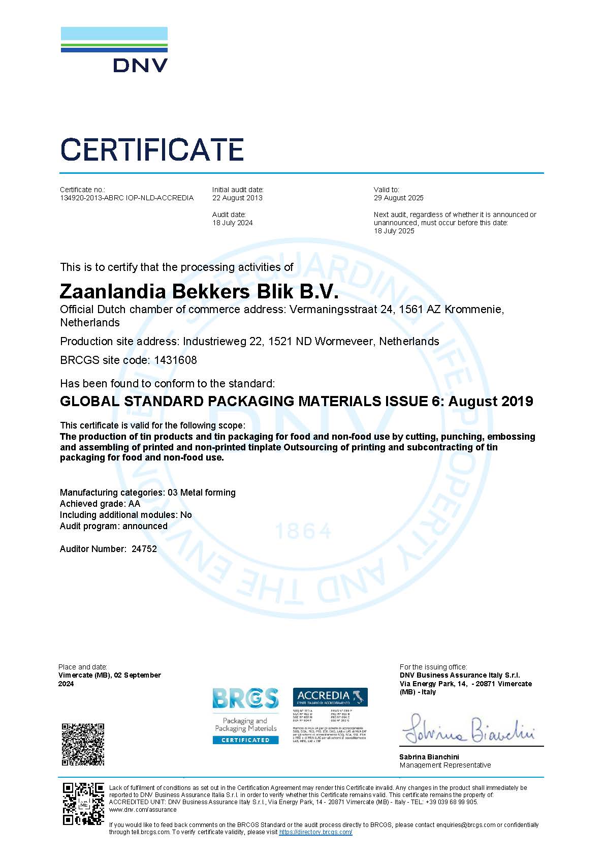 BRC certificaat zaanlandia